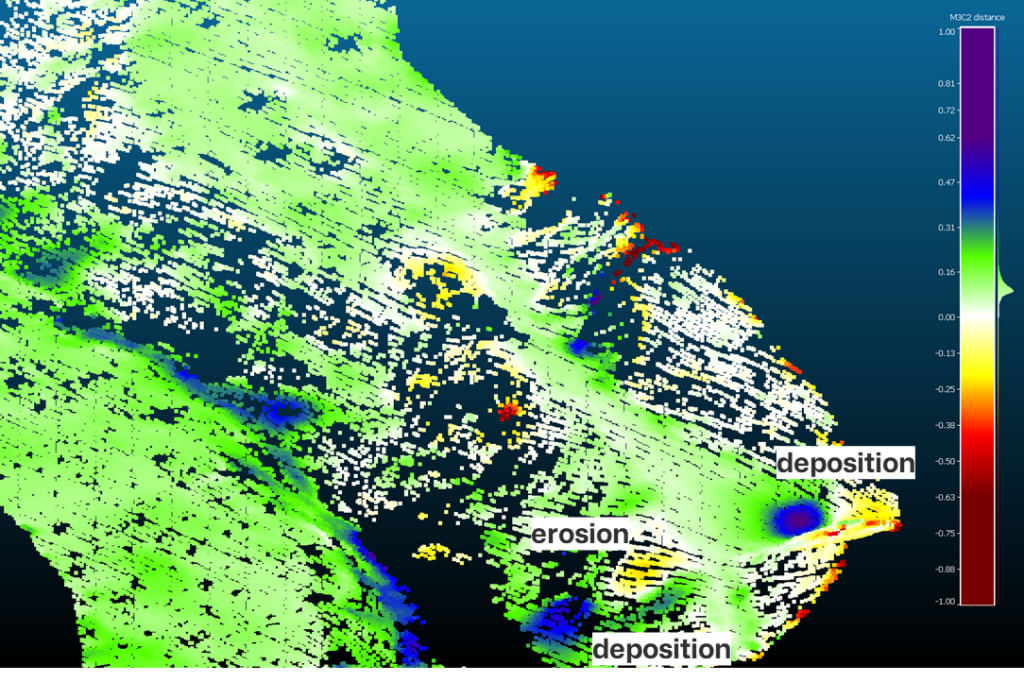 Slope change heat map, using point cloud normals to measure changes perpendicular to the surface.