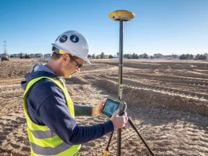 Land surveyor in the field taking a ground shot observation
